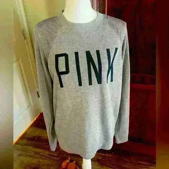 PINK ladies sweatshirt lightweight. Petite Small oversized. Long sleeve gray - Picture 1 of 9